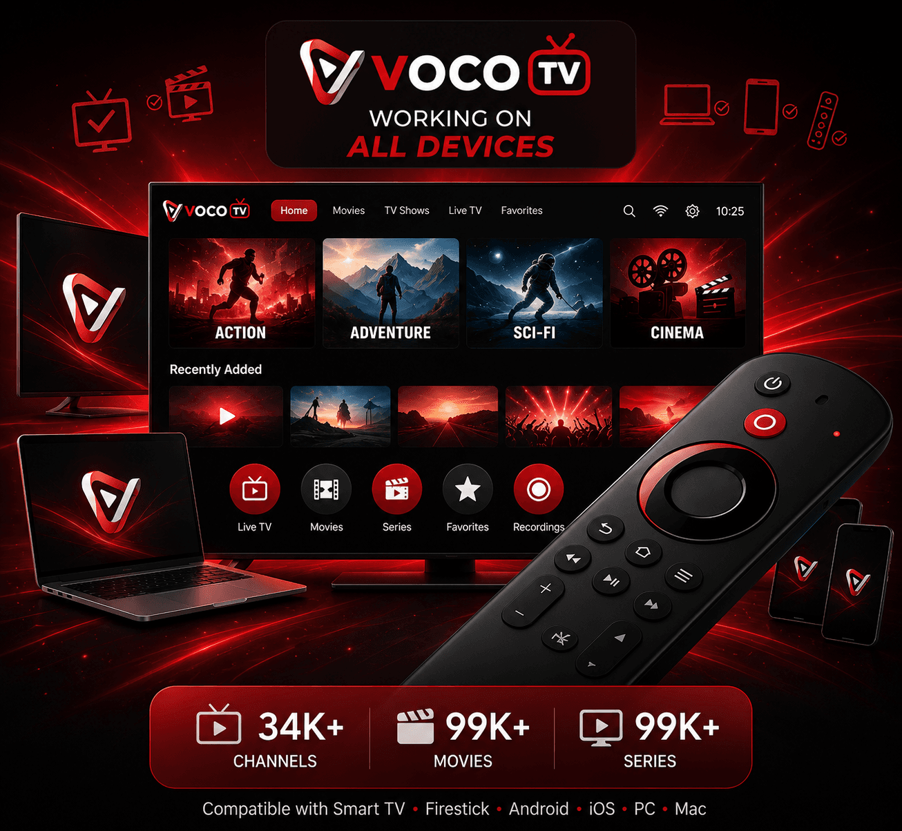 Voco TV streaming interface working on Smart TV, laptop, tablet and phone